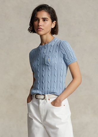 AZURE Dámské bavlněné svetry s krátkým rukávem Ralph Lauren kabelovým úpletem