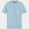 AZURE Dámské bavlněné svetry s krátkým rukávem Ralph Lauren kabelovým úpletem AZURE Dámské bavlněné svetry s krátkým rukávem Ralph Lauren kabelovým úpletem