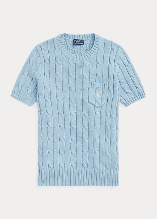 AZURE Dámské bavlněné svetry s krátkým rukávem Ralph Lauren kabelovým úpletem AZURE Dámské bavlněné svetry s krátkým rukávem Ralph Lauren kabelovým úpletem