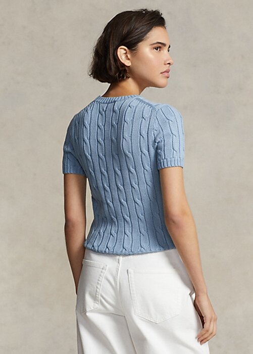 AZURE Dámské bavlněné svetry s krátkým rukávem Ralph Lauren kabelovým úpletem AZURE Dámské bavlněné svetry s krátkým rukávem Ralph Lauren kabelovým úpletem