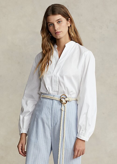 Bílé dámské bavlněné košile s rukávy Ralph Lauren Boxy Fit Bílé dámské bavlněné košile s rukávy Ralph Lauren Boxy Fit