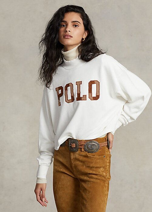 Bílé dámské bavlněné mikiny oversize mockneck s logem Ralph Lauren Bílé dámské bavlněné mikiny oversize mockneck s logem Ralph Lauren