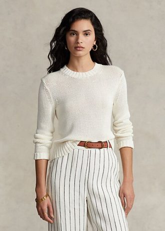 Bílé dámské bavlněné svetry Ralph Lauren s výstřihem