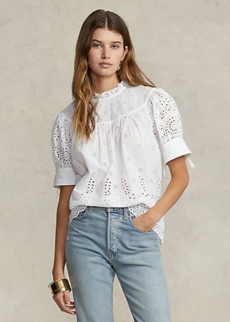 Bílé dámské bavlněné topy Ralph Lauren s vyšívaným očkem