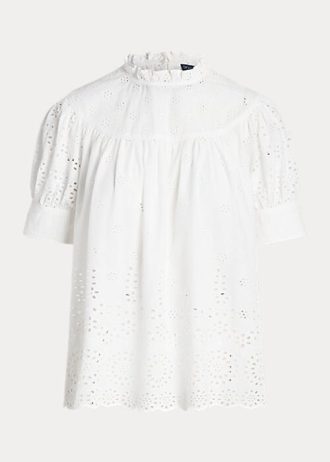Bílé dámské bavlněné topy Ralph Lauren s vyšívaným očkem