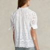 Bílé dámské bavlněné topy Ralph Lauren s vyšívaným očkem