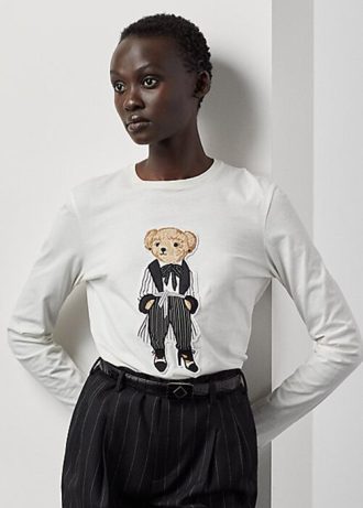 Bílé dámské bavlněné tričko s dlouhým rukávem Ralph Lauren Cinema Polo Bear