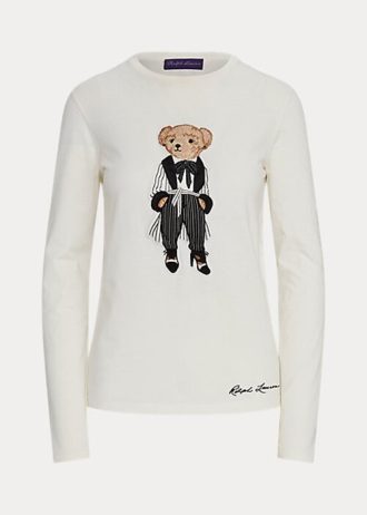Bílé dámské bavlněné tričko s dlouhým rukávem Ralph Lauren Cinema Polo Bear
