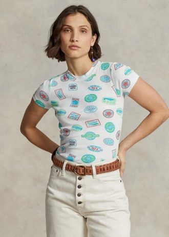 Bílá dámská žebrovaná bavlněná trička s cestovním motivem Ralph Lauren