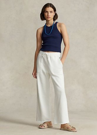 Bílé dámské fleecové tepláky Ralph Lauren Cutoff-Hem
