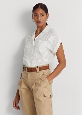 Bílé dámské halenky s krátkým rukávem Ralph Lauren Eyelet Voile
