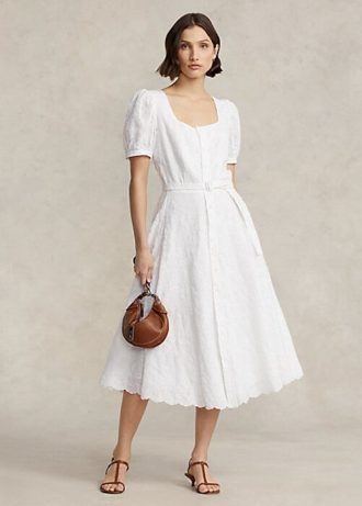 Bílé dámské lněné šaty Ralph Lauren s vyšívaným očkem