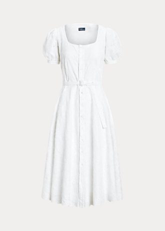 Bílé dámské lněné šaty Ralph Lauren s vyšívaným očkem