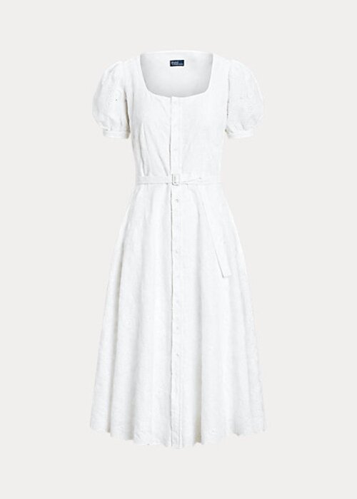 Bílé dámské lněné šaty Ralph Lauren s vyšívaným očkem Bílé dámské lněné šaty Ralph Lauren s vyšívaným očkem