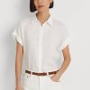 Bílé dámské lněné košile Dolman s rukávy Ralph Lauren Bílé dámské lněné košile Dolman s rukávy Ralph Lauren