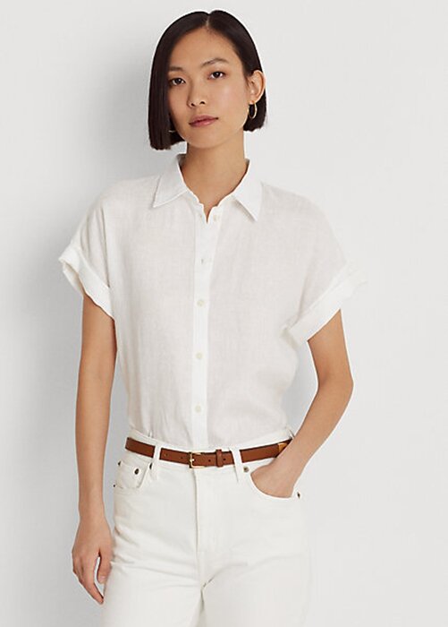 Bílé dámské lněné košile Dolman s rukávy Ralph Lauren Bílé dámské lněné košile Dolman s rukávy Ralph Lauren