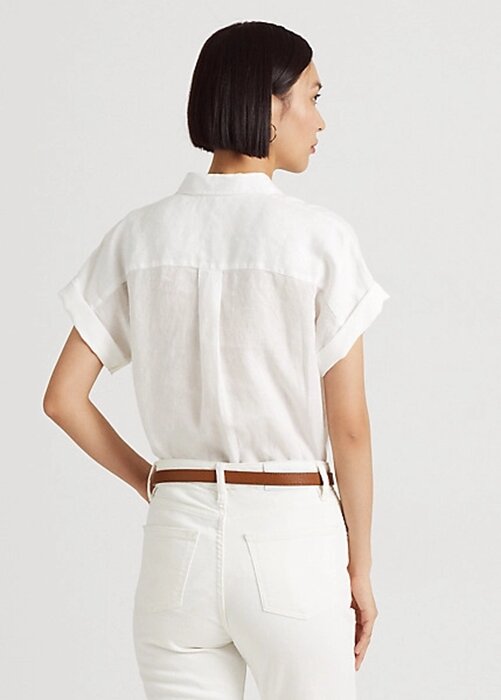 Bílé dámské lněné košile Dolman s rukávy Ralph Lauren Bílé dámské lněné košile Dolman s rukávy Ralph Lauren