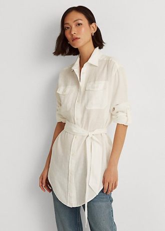 Bílé dámské lněné košile Ralph Lauren s páskem