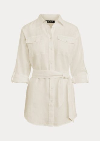 Bílé dámské lněné košile Ralph Lauren s páskem
