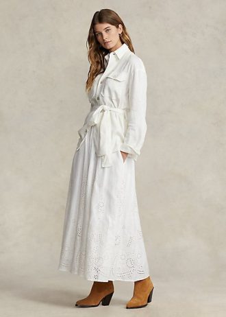 Bílé dámské lněné midi sukně Ralph Lauren s očkem