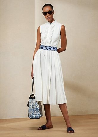 Bílé dámské Ralph Lauren Roald plisované plátěné denní šaty bez rukávů