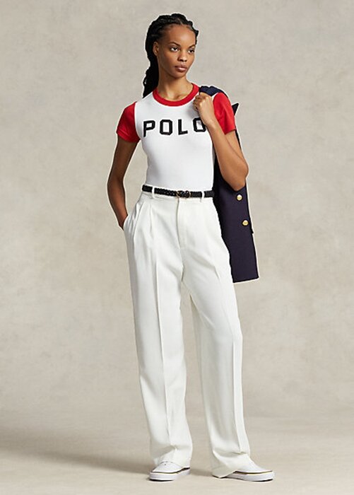 Bílé dámské saténové kalhoty Ralph Lauren s rovnými nohami Bílé dámské saténové kalhoty Ralph Lauren s rovnými nohami