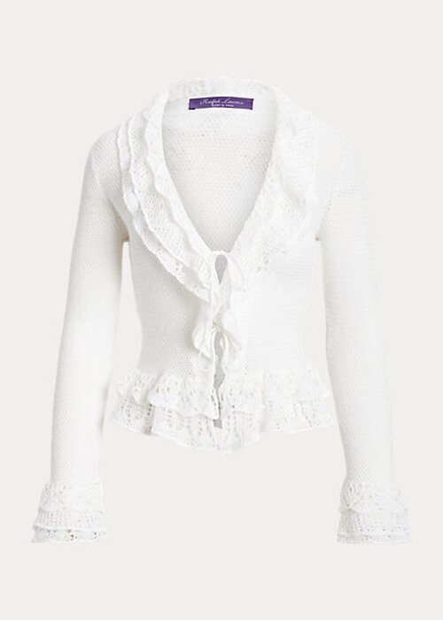 Bílé dámské svetry Ralph Lauren Ruffle-Trim Cardigan Bílé dámské svetry Ralph Lauren Ruffle-Trim Cardigan