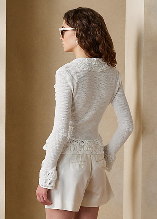 Bílé dámské svetry Ralph Lauren Ruffle-Trim Cardigan Bílé dámské svetry Ralph Lauren Ruffle-Trim Cardigan