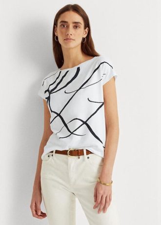 Bílé dámské topy s potiskem loga Ralph Lauren z bavlněné směsi