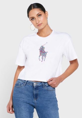 Bílá dámská trička Ralph Lauren Crew s výstřihem