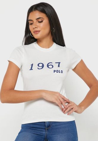 Bílá dámská trička Ralph Lauren Crew s výstřihem