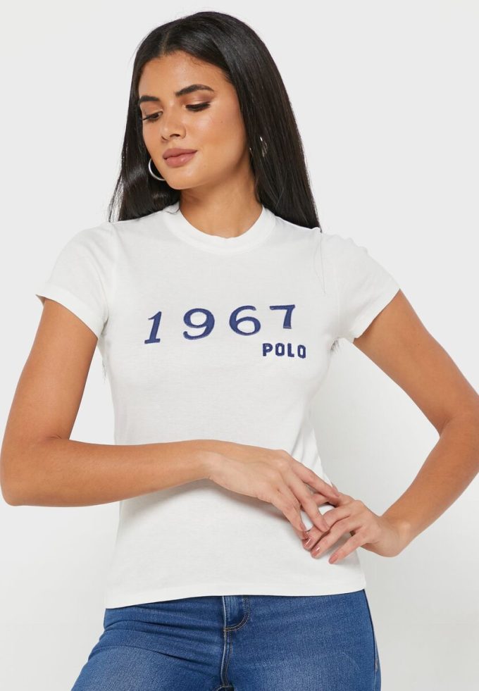 Bílá dámská trička Ralph Lauren Crew s výstřihem