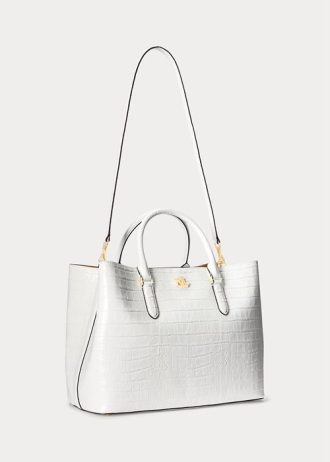 Bílé dámské velké kožené brašny Marcy s reliéfem Ralph Lauren