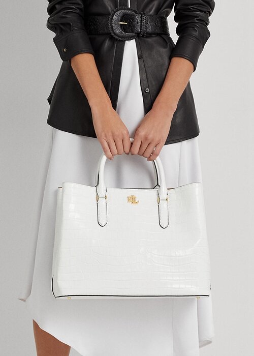 Bílé dámské velké kožené brašny Marcy s reliéfem Ralph Lauren Bílé dámské velké kožené brašny Marcy s reliéfem Ralph Lauren