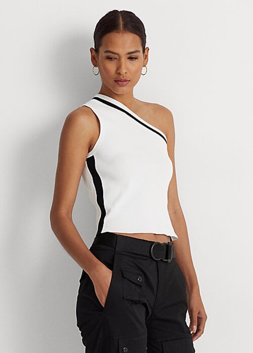 Bílé dámské zkrácené svetry Ralph Lauren dvoubarevné na jedno rameno Bílé dámské zkrácené svetry Ralph Lauren dvoubarevné na jedno rameno