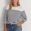 Bílé/námořnické dámské pruhované bavlněné topy s dlouhým rukávem Ralph Lauren
