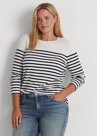 Bílé/námořnické dámské pruhované bavlněné topy s dlouhým rukávem Ralph Lauren