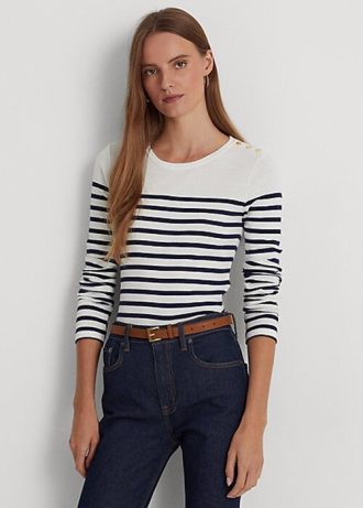 Bílá/námořnická dámská pruhovaná bavlněná trička s dlouhým rukávem Ralph Lauren