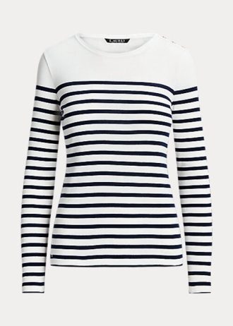 Bílá/námořnická dámská pruhovaná bavlněná trička s dlouhým rukávem Ralph Lauren