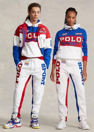 Bílé pánské sportovní fleecové kalhoty Ralph Lauren Polo s barevným blokem