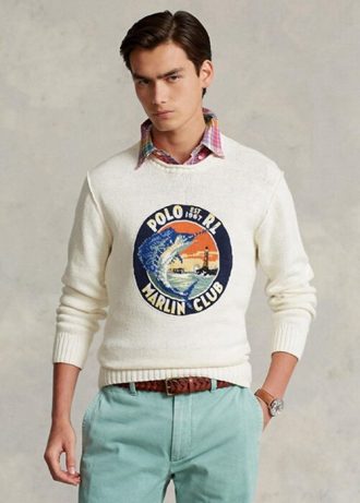 Bílé pánské svetry Ralph Lauren Bavlněný svetr s grafikou