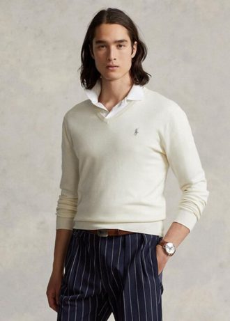 Bílé pánské svetry Ralph Lauren Slim Fit s texturou z bavlny