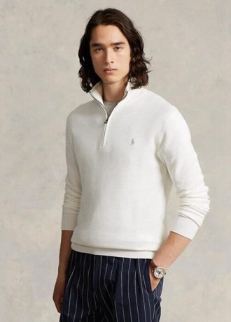 Bílé pánské svetry Ralph Lauren síťované bavlněné svetry se čtvrtky na zip