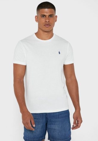 Bílá pánská trička Ralph Lauren s logem na hrudi a výstřihem