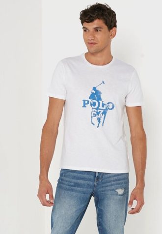 Bílá pánská trička Ralph Lauren s potiskem s výstřihem
