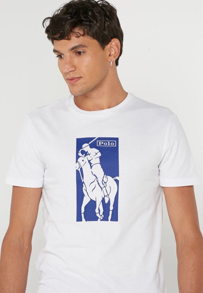 Bílá pánská trička Ralph Lauren s potiskem s výstřihem
