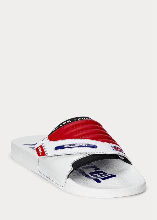 Bílo/červené pánské moto pantofle Ralph Lauren s barevným blokováním kůže Bílo/červené pánské moto pantofle Ralph Lauren s barevným blokováním kůže