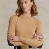 Béžová dámská trička s dlouhým rukávem Ralph Lauren s žebrovaným semišem