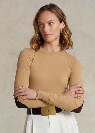 Béžová dámská trička s dlouhým rukávem Ralph Lauren s žebrovaným semišem