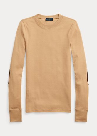 Béžová dámská trička s dlouhým rukávem Ralph Lauren s žebrovaným semišem